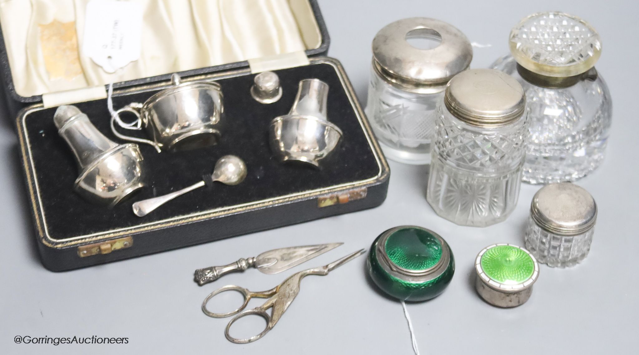A collection of silver and plated items, including a Norwegian silver and guilloche enamel circular snuff box by David Andersen